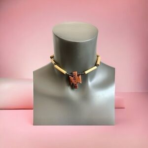 Wood Bead Necklace Cross Pendant Necklace CRYSTAL Wood Engraved Cross Beads